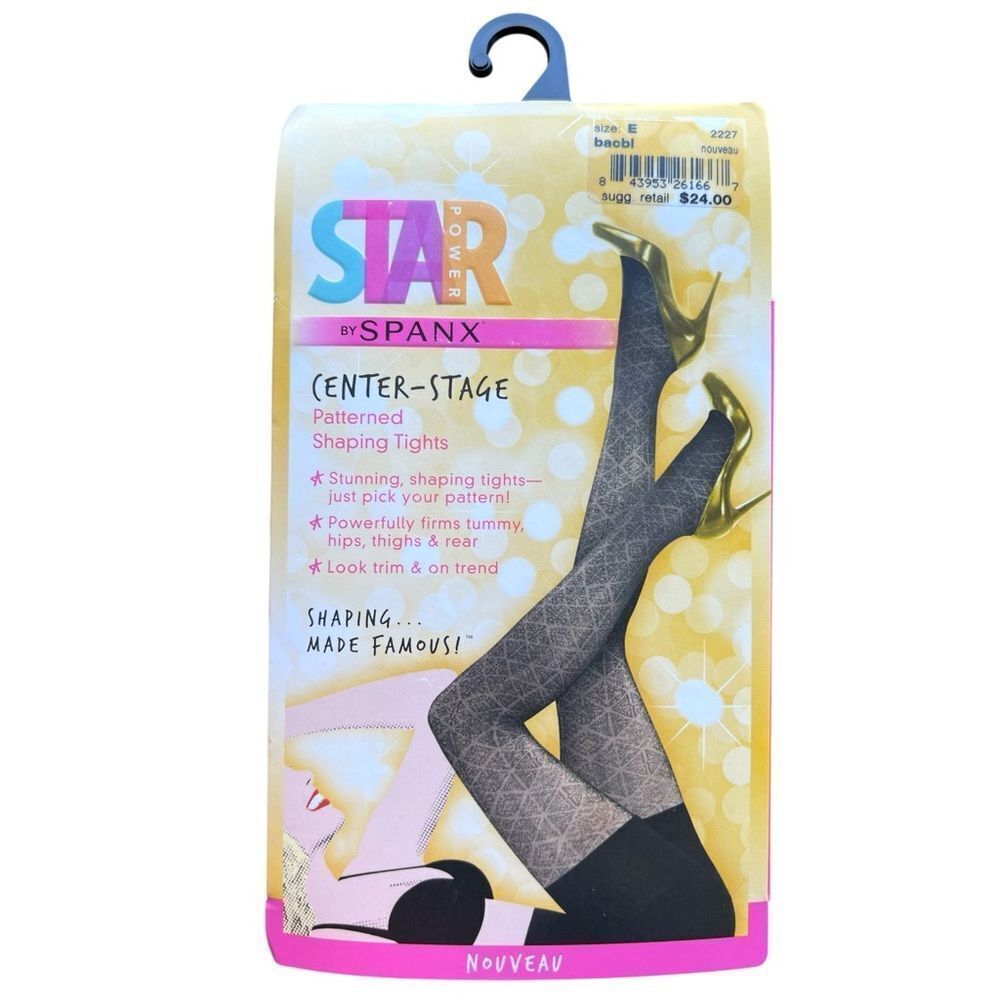 Star Power By SPANX Center-Stage Black Patterned Shaping Tights Nouveau Size E